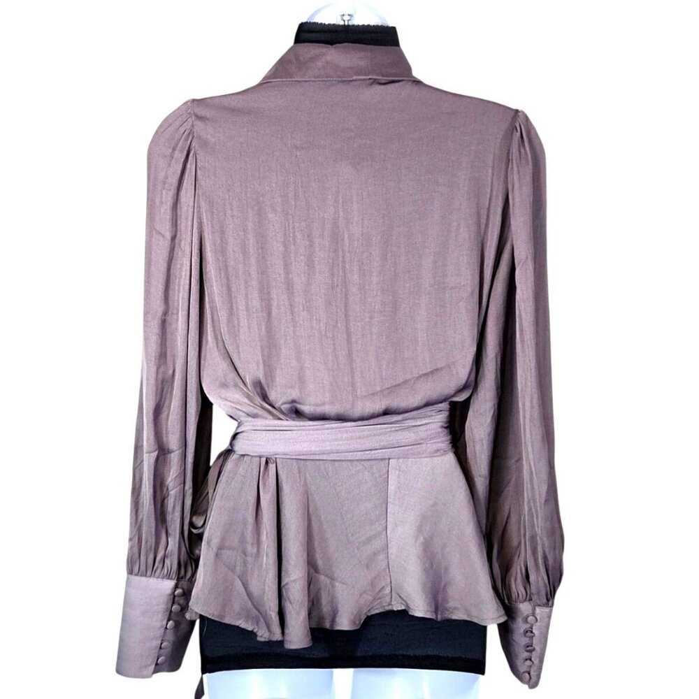 Banana Republic Womens Purple Wrap Top W Waist Tie Button Sleeve Cuffs Med NWT - Picture 2 of 10